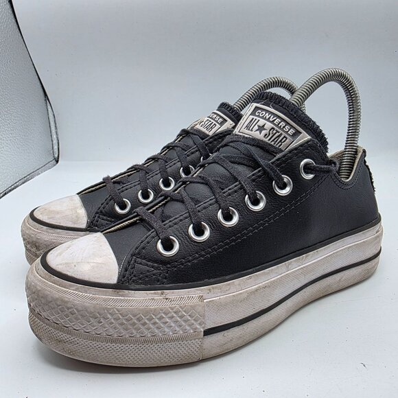 Converse All Star Women’s Size 5.5 Black Leather Low Top Sneakers Casual Shoes - Picture 4 of 13
